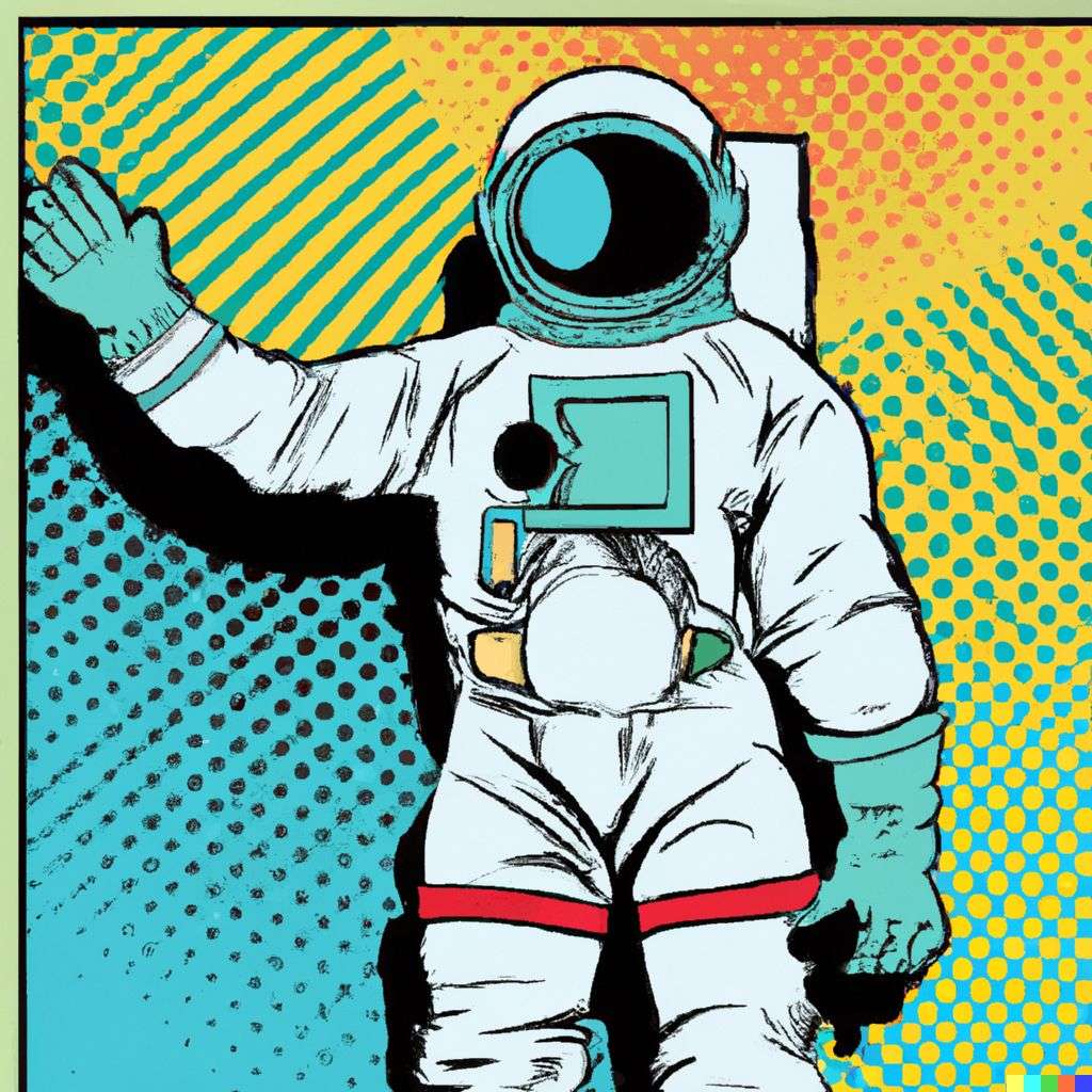 an astronaut, retro comic art, triadic color scheme